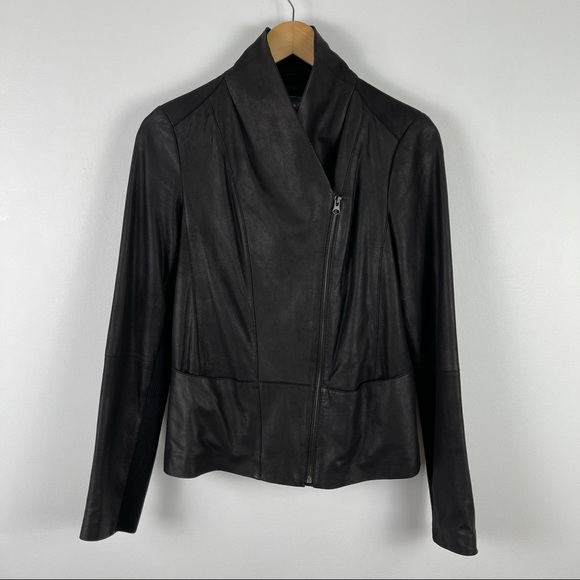 Vince. Black Soft Leather Ribbed Panel Moto Jacket